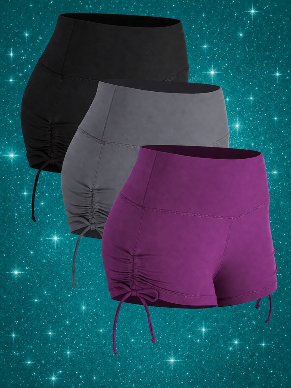 Women’s High-Waist Ruched Side Drawstring Shorts — Black / Gray / Purple Size M